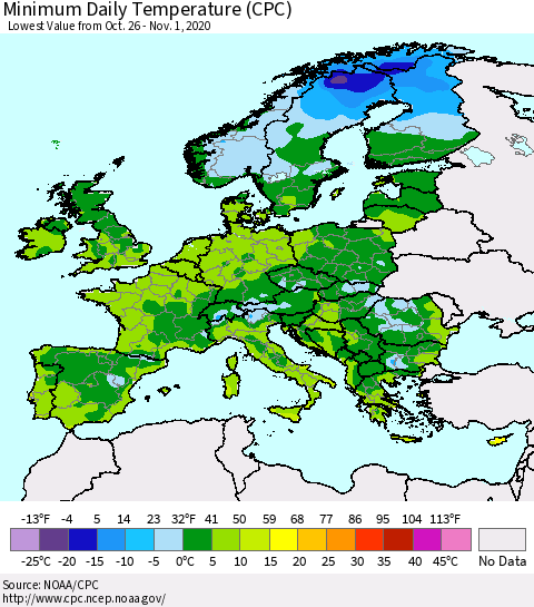Europe Minimum Daily Temperature (CPC) Thematic Map For 10/26/2020 - 11/1/2020