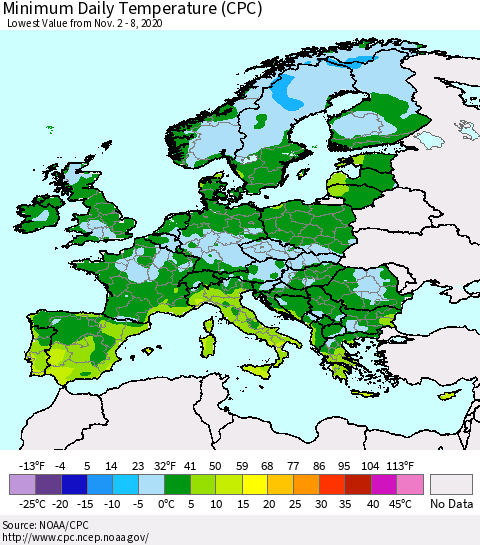 Europe Minimum Daily Temperature (CPC) Thematic Map For 11/2/2020 - 11/8/2020