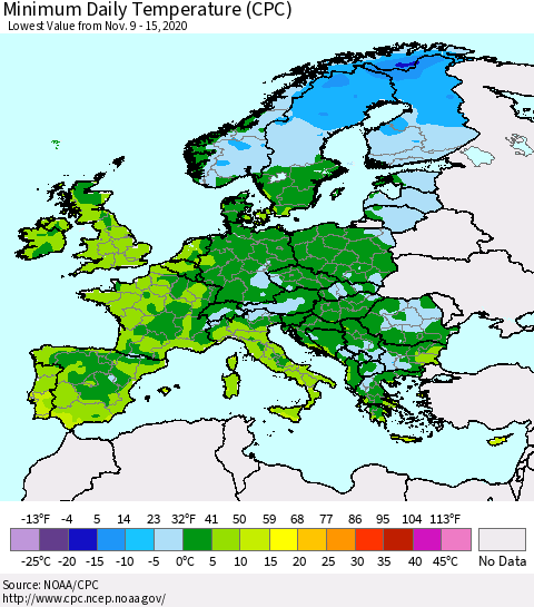 Europe Minimum Daily Temperature (CPC) Thematic Map For 11/9/2020 - 11/15/2020