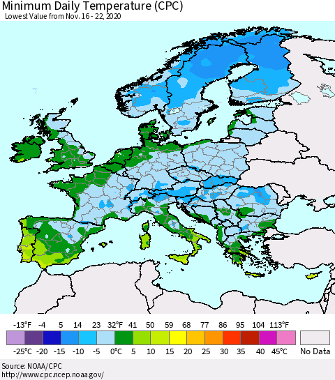 Europe Minimum Daily Temperature (CPC) Thematic Map For 11/16/2020 - 11/22/2020