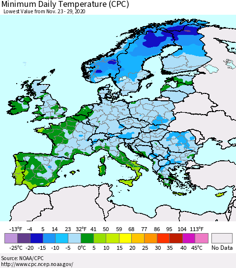 Europe Minimum Daily Temperature (CPC) Thematic Map For 11/23/2020 - 11/29/2020