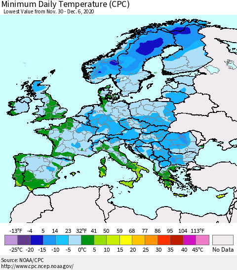 Europe Minimum Daily Temperature (CPC) Thematic Map For 11/30/2020 - 12/6/2020