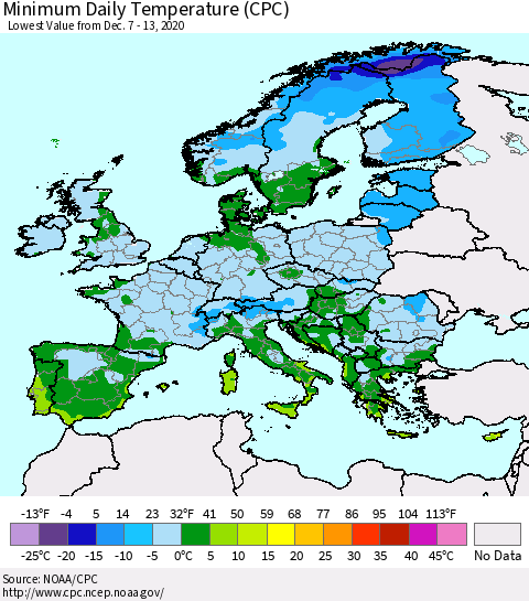 Europe Minimum Daily Temperature (CPC) Thematic Map For 12/7/2020 - 12/13/2020