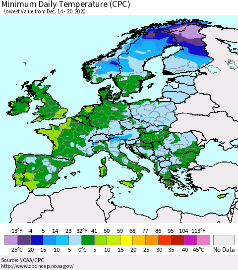 Europe Minimum Daily Temperature (CPC) Thematic Map For 12/14/2020 - 12/20/2020