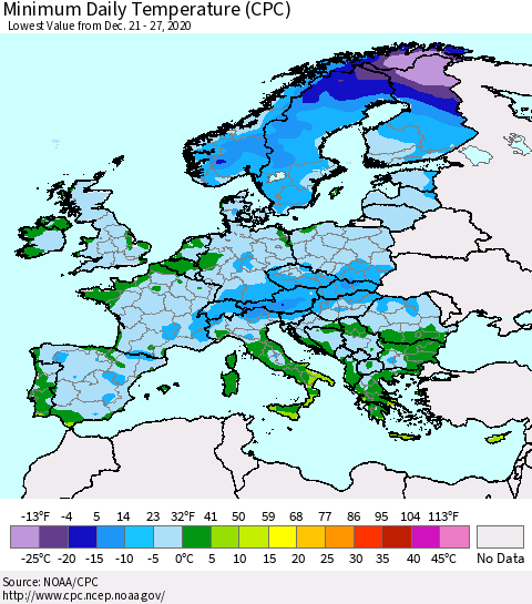 Europe Minimum Daily Temperature (CPC) Thematic Map For 12/21/2020 - 12/27/2020