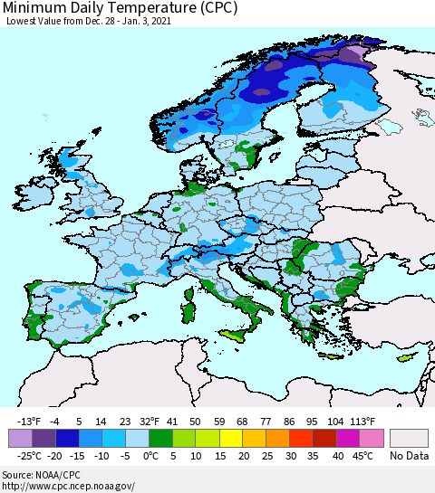 Europe Minimum Daily Temperature (CPC) Thematic Map For 12/28/2020 - 1/3/2021