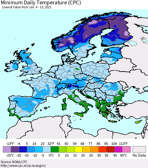 Europe Minimum Daily Temperature (CPC) Thematic Map For 1/4/2021 - 1/10/2021