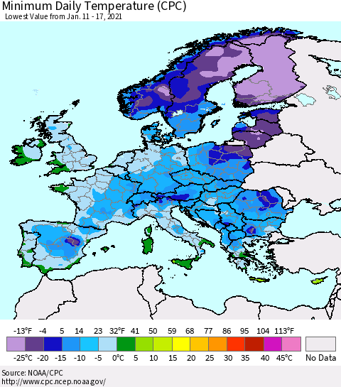 Europe Minimum Daily Temperature (CPC) Thematic Map For 1/11/2021 - 1/17/2021