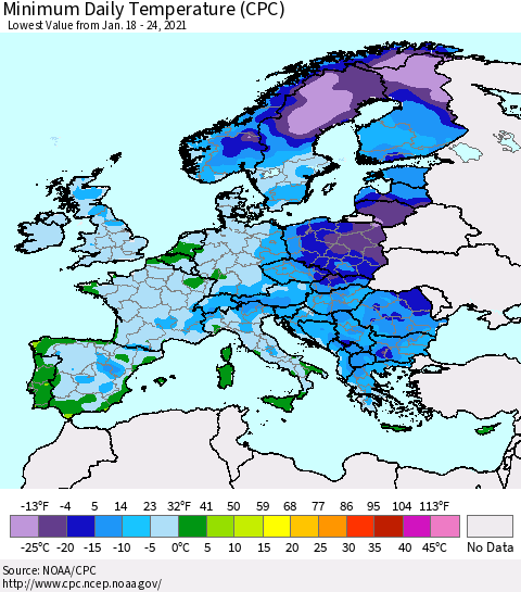 Europe Minimum Daily Temperature (CPC) Thematic Map For 1/18/2021 - 1/24/2021