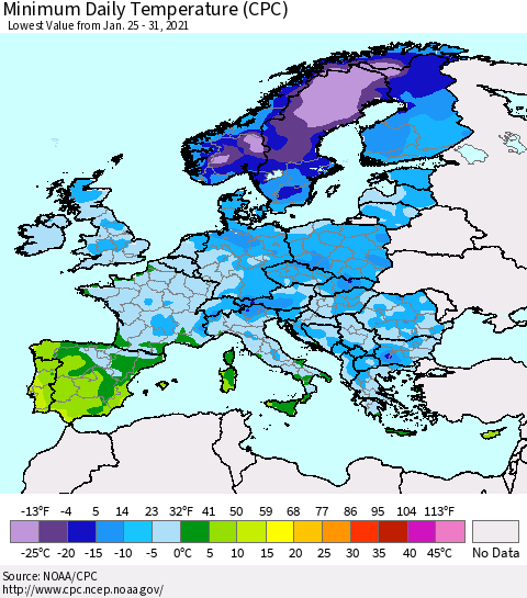 Europe Minimum Daily Temperature (CPC) Thematic Map For 1/25/2021 - 1/31/2021