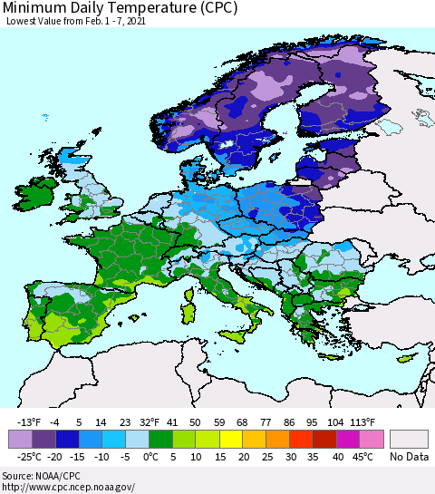 Europe Minimum Daily Temperature (CPC) Thematic Map For 2/1/2021 - 2/7/2021