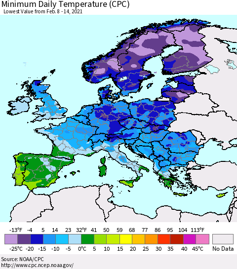 Europe Minimum Daily Temperature (CPC) Thematic Map For 2/8/2021 - 2/14/2021