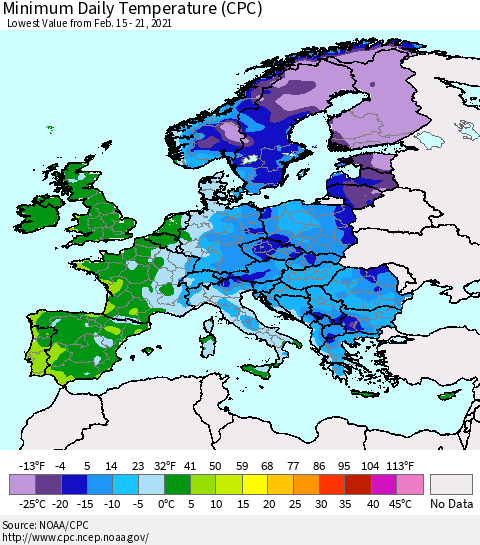 Europe Minimum Daily Temperature (CPC) Thematic Map For 2/15/2021 - 2/21/2021