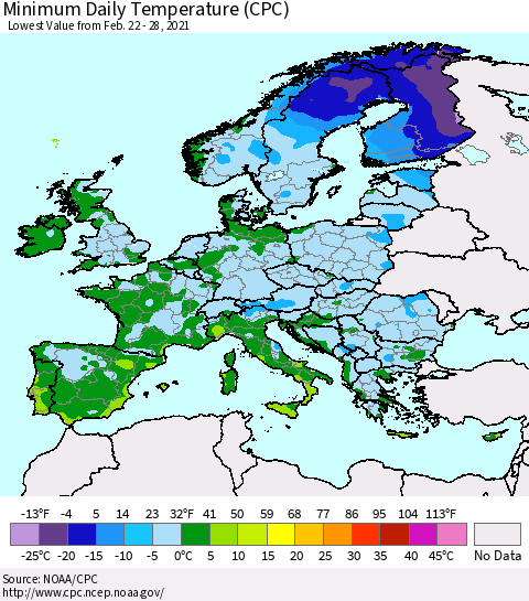 Europe Minimum Daily Temperature (CPC) Thematic Map For 2/22/2021 - 2/28/2021