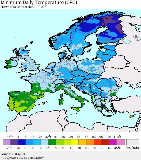Europe Minimum Daily Temperature (CPC) Thematic Map For 3/1/2021 - 3/7/2021