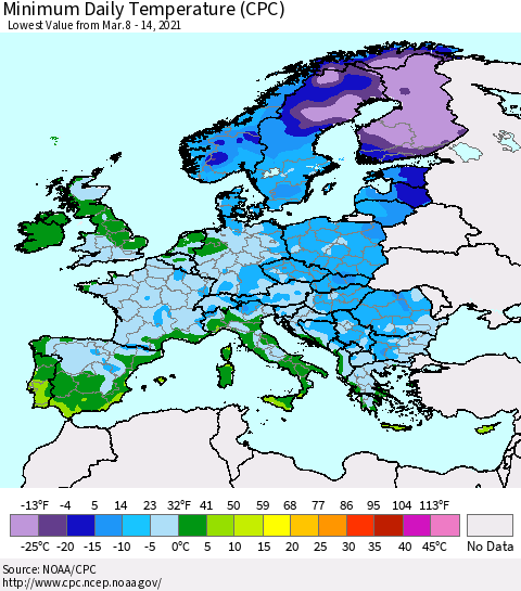 Europe Minimum Daily Temperature (CPC) Thematic Map For 3/8/2021 - 3/14/2021
