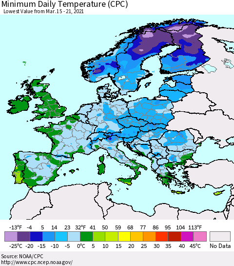 Europe Minimum Daily Temperature (CPC) Thematic Map For 3/15/2021 - 3/21/2021