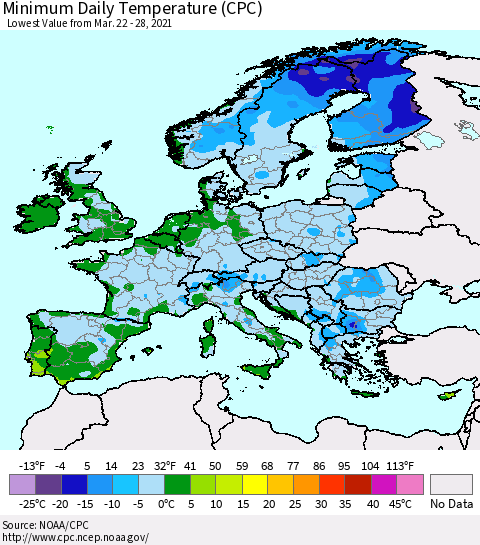 Europe Minimum Daily Temperature (CPC) Thematic Map For 3/22/2021 - 3/28/2021