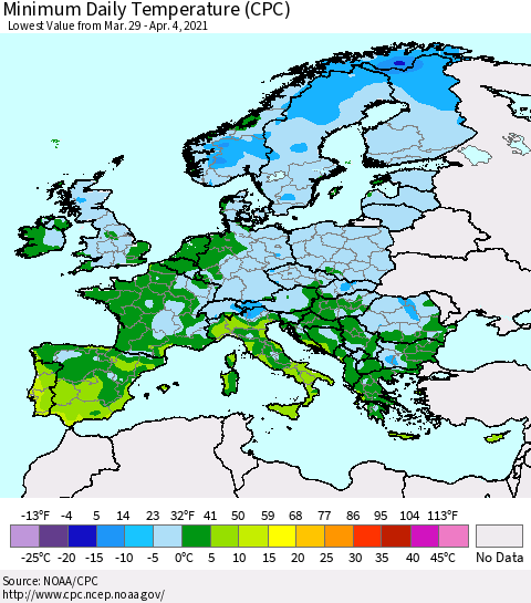 Europe Minimum Daily Temperature (CPC) Thematic Map For 3/29/2021 - 4/4/2021