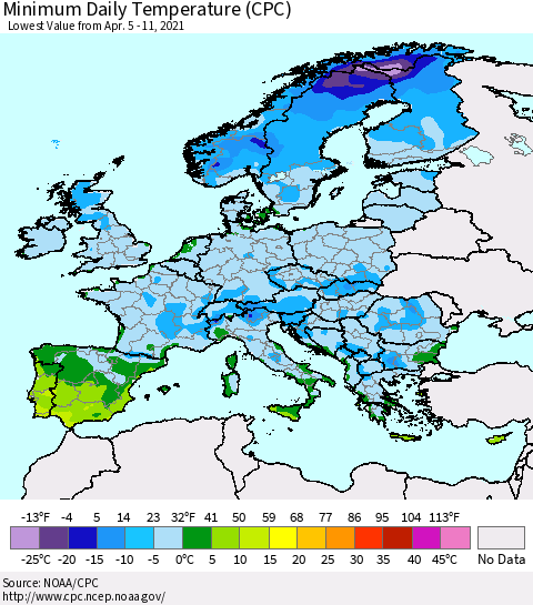 Europe Minimum Daily Temperature (CPC) Thematic Map For 4/5/2021 - 4/11/2021