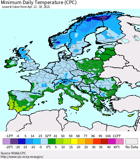 Europe Minimum Daily Temperature (CPC) Thematic Map For 4/12/2021 - 4/18/2021