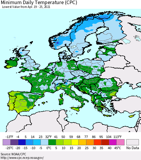 Europe Minimum Daily Temperature (CPC) Thematic Map For 4/19/2021 - 4/25/2021