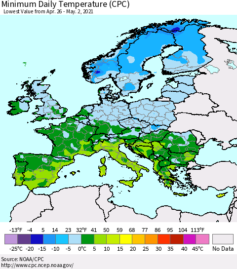 Europe Minimum Daily Temperature (CPC) Thematic Map For 4/26/2021 - 5/2/2021