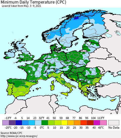 Europe Minimum Daily Temperature (CPC) Thematic Map For 5/3/2021 - 5/9/2021