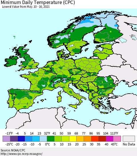 Europe Minimum Daily Temperature (CPC) Thematic Map For 5/10/2021 - 5/16/2021