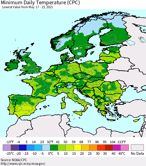 Europe Minimum Daily Temperature (CPC) Thematic Map For 5/17/2021 - 5/23/2021