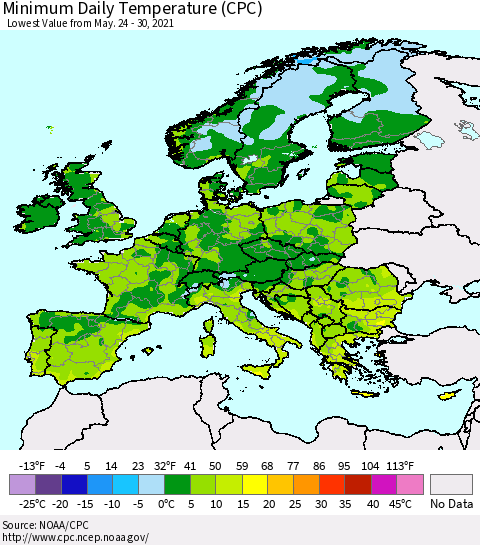 Europe Minimum Daily Temperature (CPC) Thematic Map For 5/24/2021 - 5/30/2021
