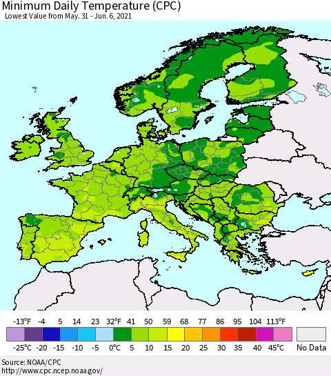 Europe Minimum Daily Temperature (CPC) Thematic Map For 5/31/2021 - 6/6/2021