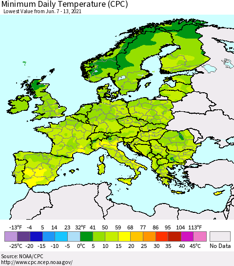 Europe Minimum Daily Temperature (CPC) Thematic Map For 6/7/2021 - 6/13/2021