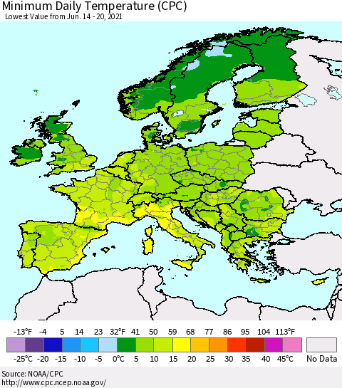 Europe Minimum Daily Temperature (CPC) Thematic Map For 6/14/2021 - 6/20/2021