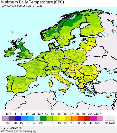 Europe Minimum Daily Temperature (CPC) Thematic Map For 6/21/2021 - 6/27/2021
