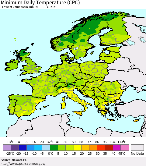 Europe Minimum Daily Temperature (CPC) Thematic Map For 6/28/2021 - 7/4/2021