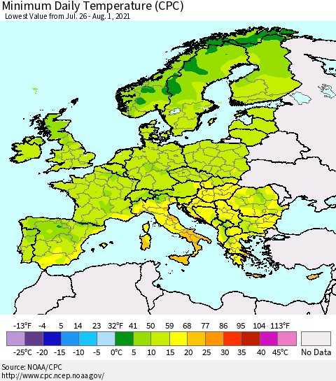 Europe Minimum Daily Temperature (CPC) Thematic Map For 7/26/2021 - 8/1/2021