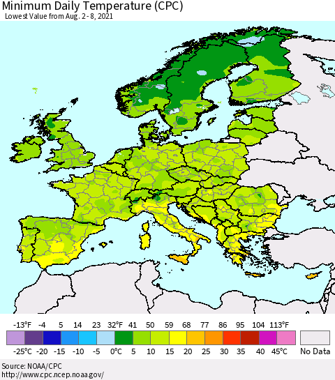 Europe Minimum Daily Temperature (CPC) Thematic Map For 8/2/2021 - 8/8/2021