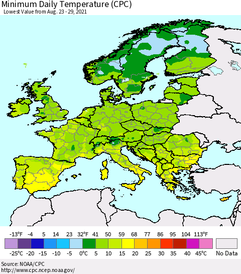 Europe Minimum Daily Temperature (CPC) Thematic Map For 8/23/2021 - 8/29/2021