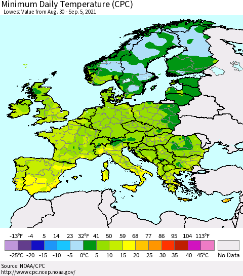 Europe Minimum Daily Temperature (CPC) Thematic Map For 8/30/2021 - 9/5/2021