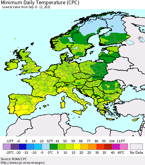 Europe Minimum Daily Temperature (CPC) Thematic Map For 9/6/2021 - 9/12/2021