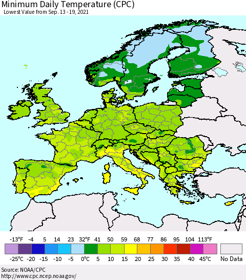 Europe Minimum Daily Temperature (CPC) Thematic Map For 9/13/2021 - 9/19/2021