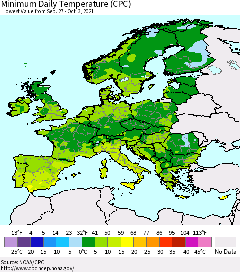 Europe Minimum Daily Temperature (CPC) Thematic Map For 9/27/2021 - 10/3/2021