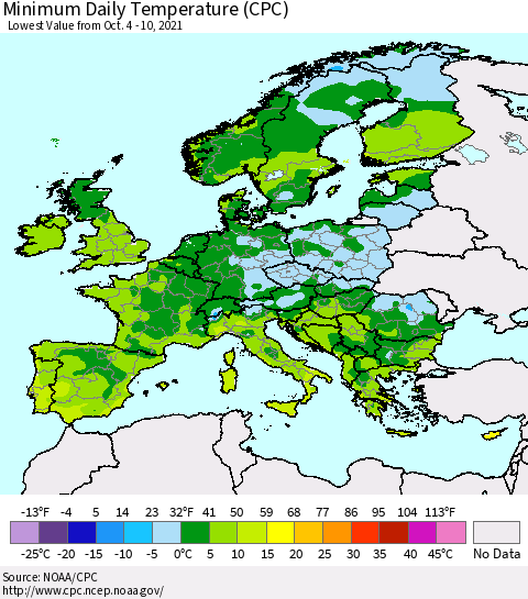 Europe Minimum Daily Temperature (CPC) Thematic Map For 10/4/2021 - 10/10/2021