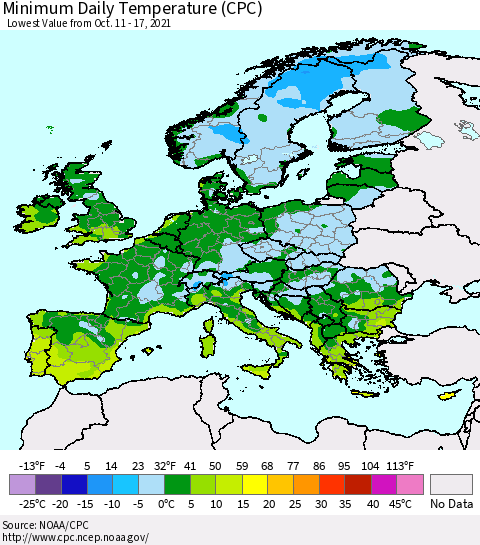 Europe Minimum Daily Temperature (CPC) Thematic Map For 10/11/2021 - 10/17/2021