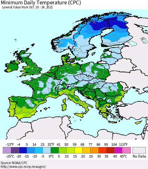 Europe Minimum Daily Temperature (CPC) Thematic Map For 10/18/2021 - 10/24/2021