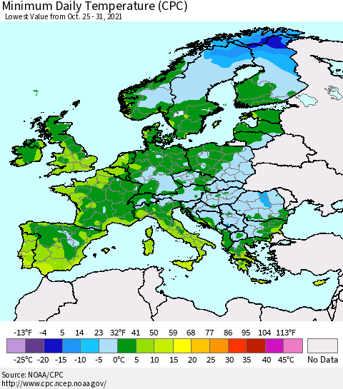 Europe Minimum Daily Temperature (CPC) Thematic Map For 10/25/2021 - 10/31/2021