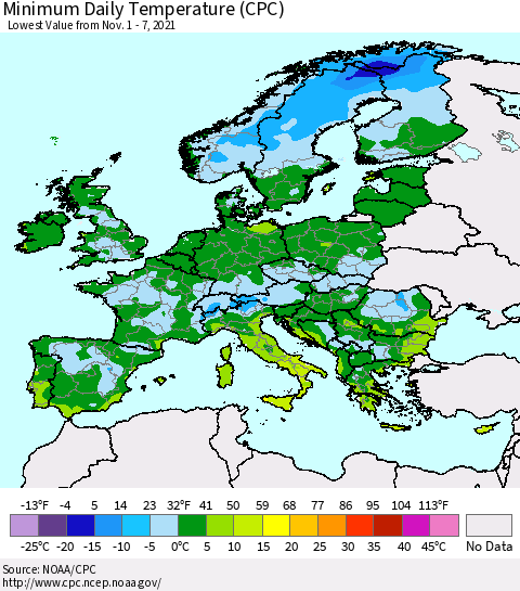 Europe Minimum Daily Temperature (CPC) Thematic Map For 11/1/2021 - 11/7/2021