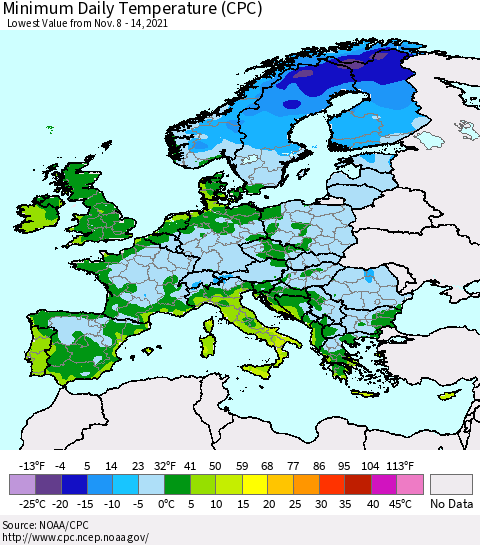 Europe Minimum Daily Temperature (CPC) Thematic Map For 11/8/2021 - 11/14/2021