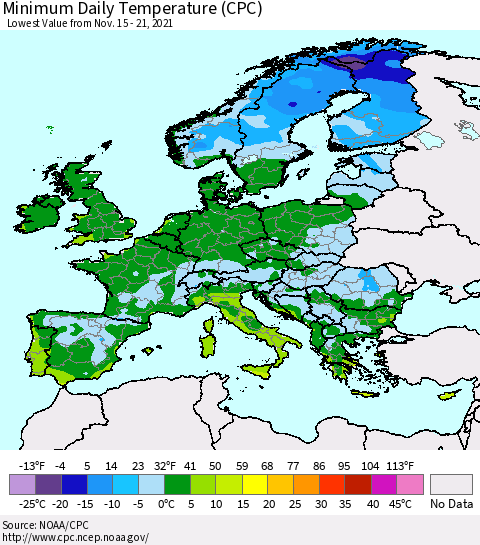 Europe Minimum Daily Temperature (CPC) Thematic Map For 11/15/2021 - 11/21/2021